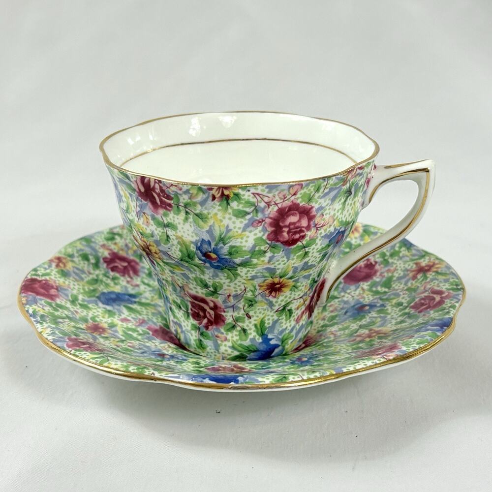 Vintage Rosina Bone China Floral Rose Chintz Teacup & Saucer England Gold Trim